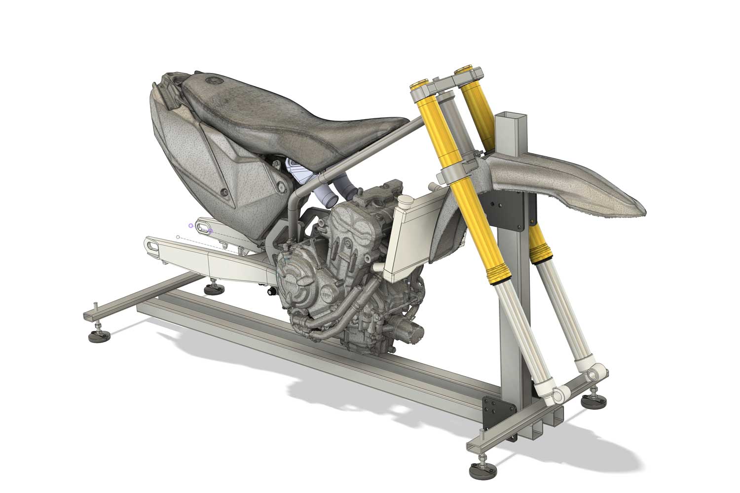Adventure motorcycle 3D model layout of 3D scanned seat concepts seat, KTM rally tank, Acerbis front fender, Yamaha CP2 engine, 3D model of KTM 690 Enduro R swing arm and Yamaha KYB SSS forks on frame jig modeled in Fusion 360
