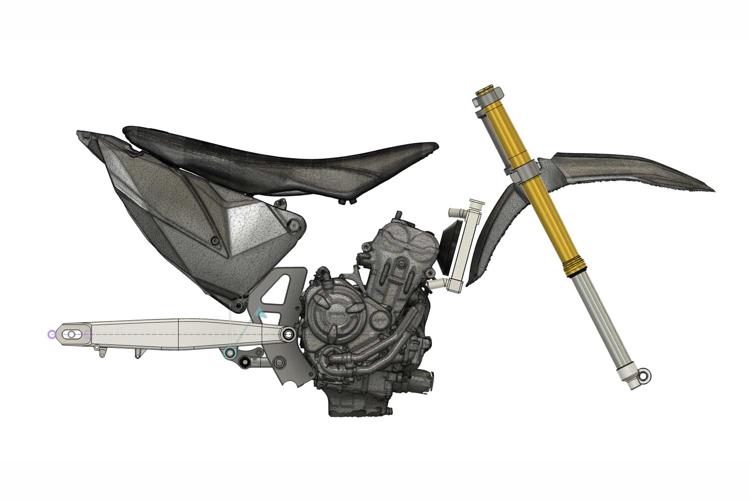 Adventure motorcycle 3D model layout of 3D scanned seat concepts seat, KTM rally tank, Acerbis front fender, Yamaha CP2 engine, 3D model of KTM 690 Enduro R swing arm and Yamaha KYB SSS forks