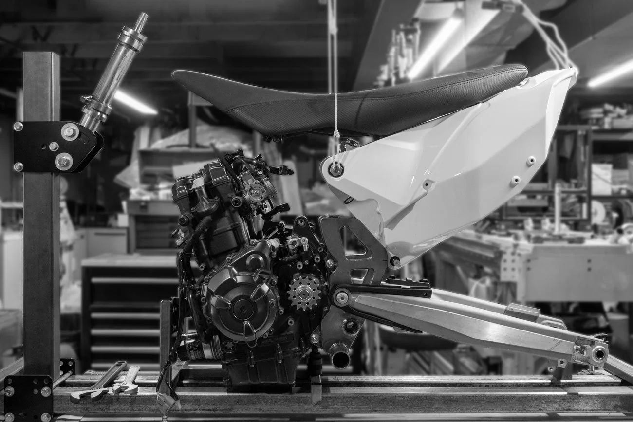 Adventure Motorcycle ADV689 frame build in a frame jig with CP2 engine and KTM 690 Swingarm