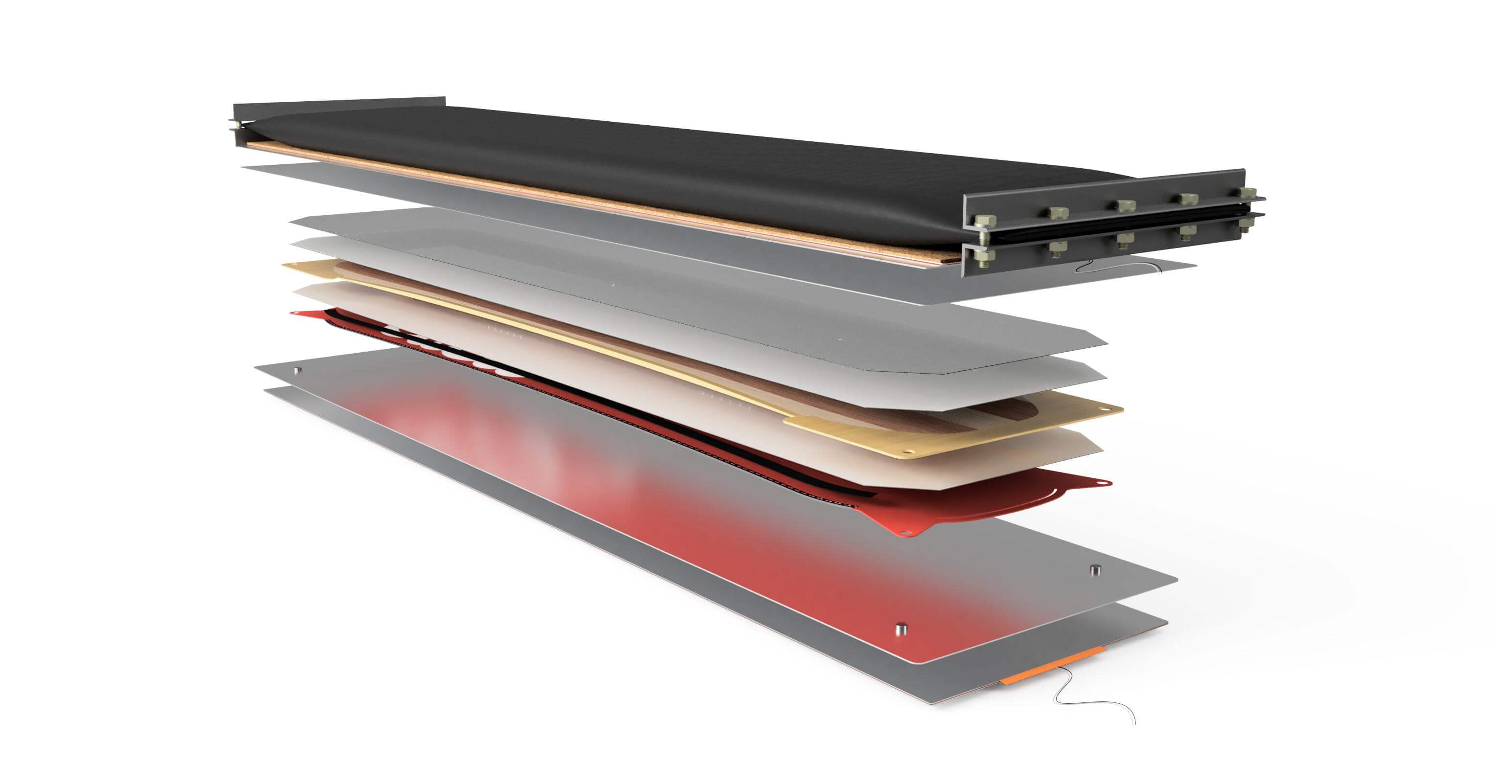 Single bladder snowboard press stack with exploded snowboard in cassette 3D render in Fusion 360